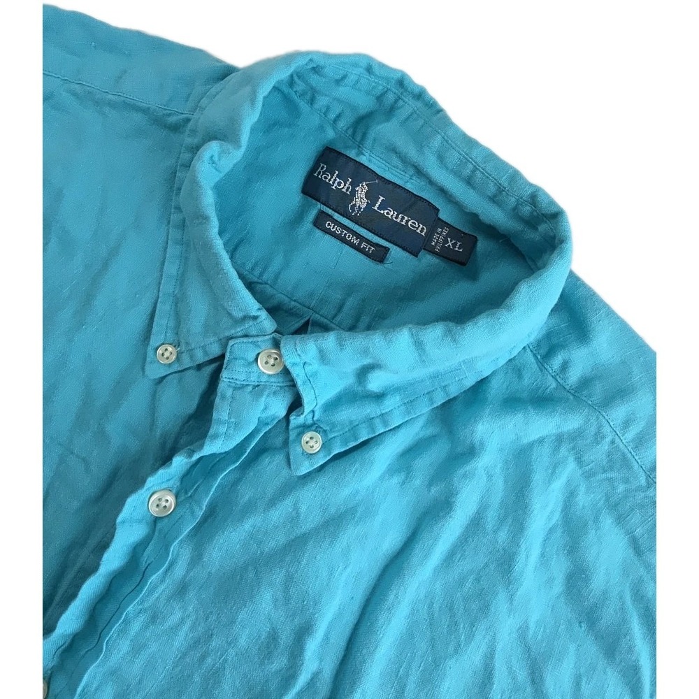 Ralph Lauren Shirt Mens XL BLUE TEAL Linen Short Sleeve Button Down Casual
